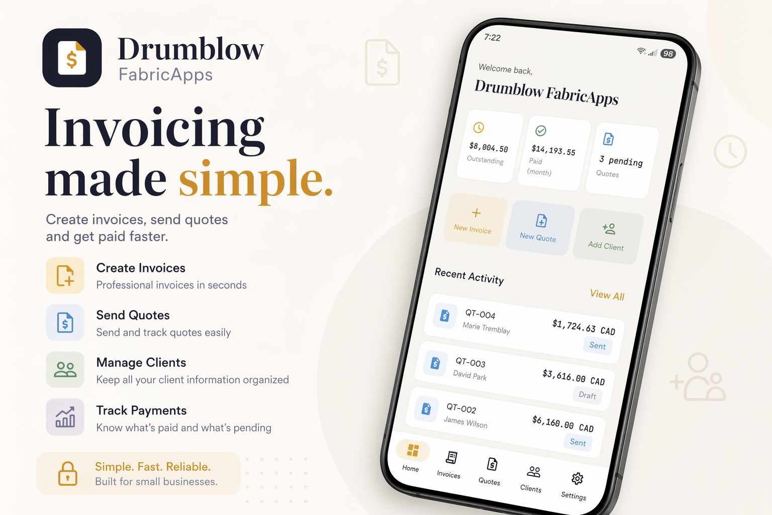 Drumblow app interface on a phone, showing a professional invoice list with company stats, floating cards and brand elements.