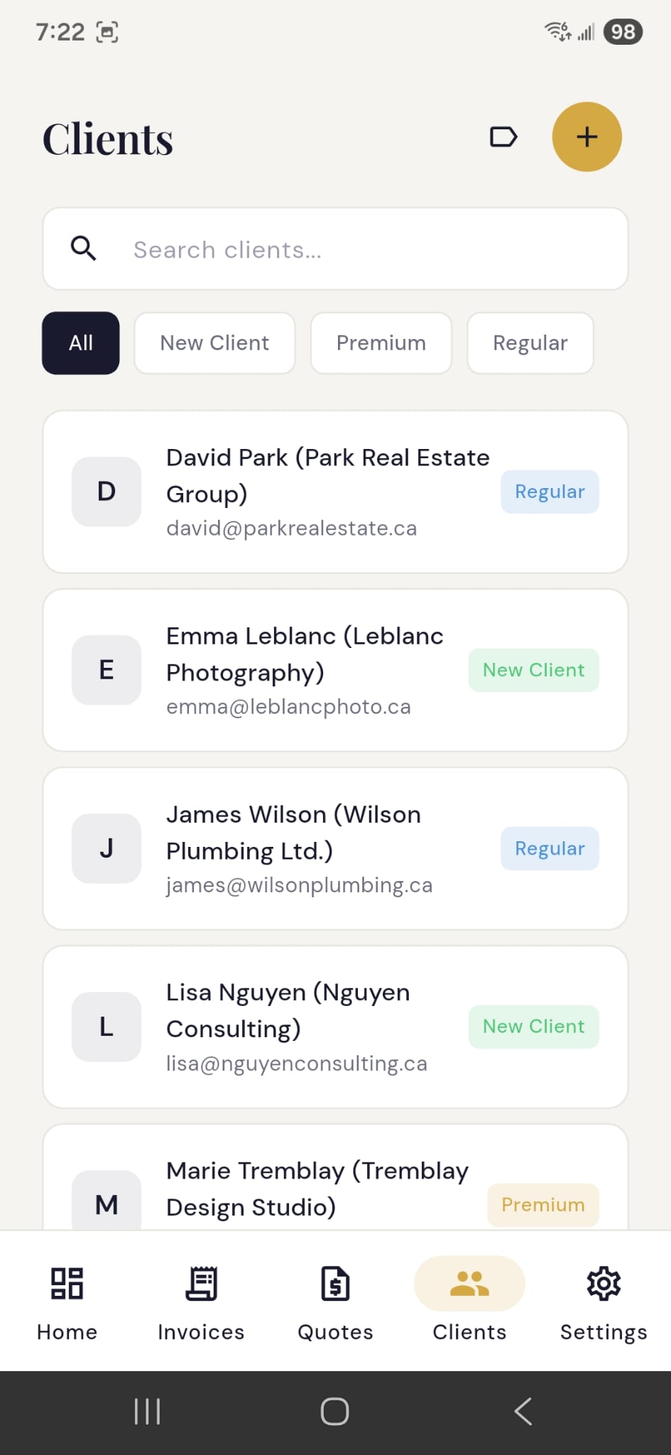 Client list with search and category filters