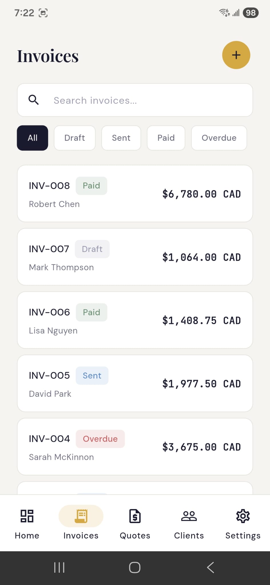 Invoices list with status badges and filtering