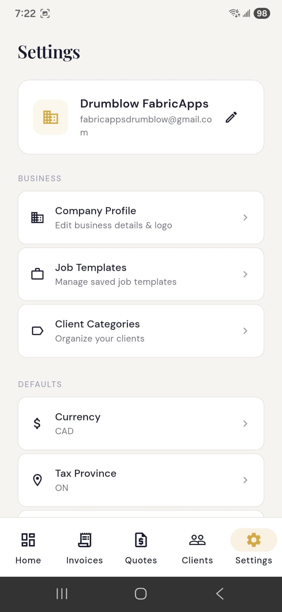 Settings screen with company and currency options